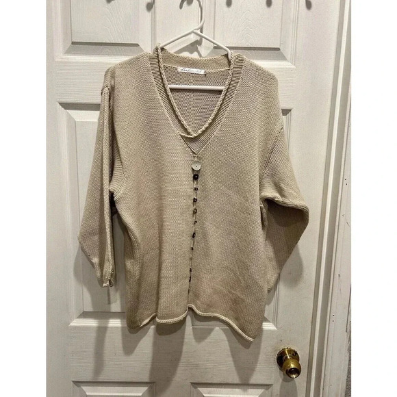 Lulu-B Knit Sweater XL Beige Long Sleeve V Neck Rolled Neck Decorative Buttons - Picture 1 of 7